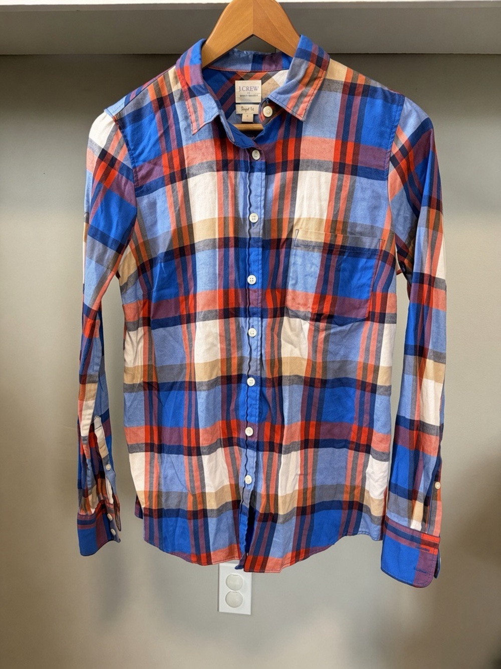 J.Crew Perfect Fit Women’s Plaid Shirt S Blue Orange Classic Fall Cotton